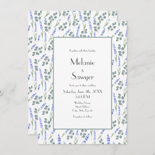水彩ラベンダー及びユーカリ模様 招待状 (正面/裏面)