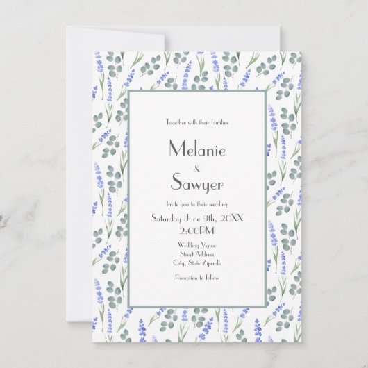 水彩ラベンダー及びユーカリ模様 招待状 (正面)