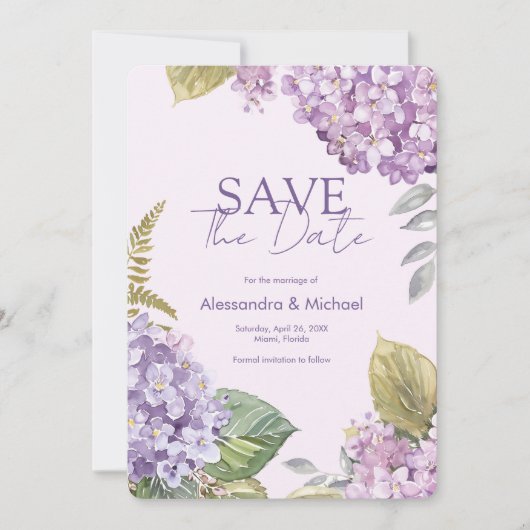 水彩ラベンダー紫陽花 Save The Date 招待状 (正面)
