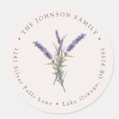 水彩ラベンダー花の返送先住所 ラウンドシール (正面)