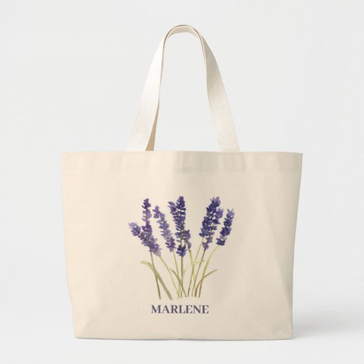 水彩ラベンダー花 紫 花 ラージトートバッグ (正面)