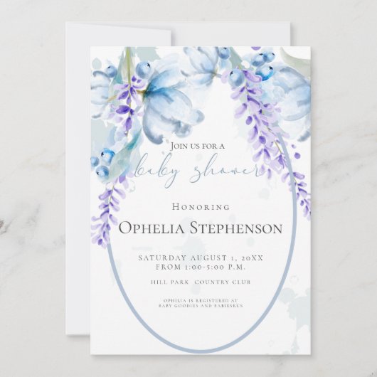 水彩ラベンダー – ほこりっぽい青いフローラ赤ちゃんシャワー 招待状 (正面)
