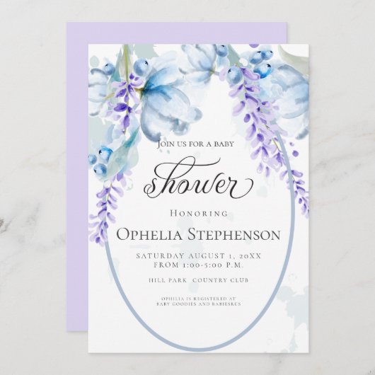 水彩ラベンダー – ほこりっぽい青いフローラ赤ちゃんシャワー 招待状 (正面/裏面)