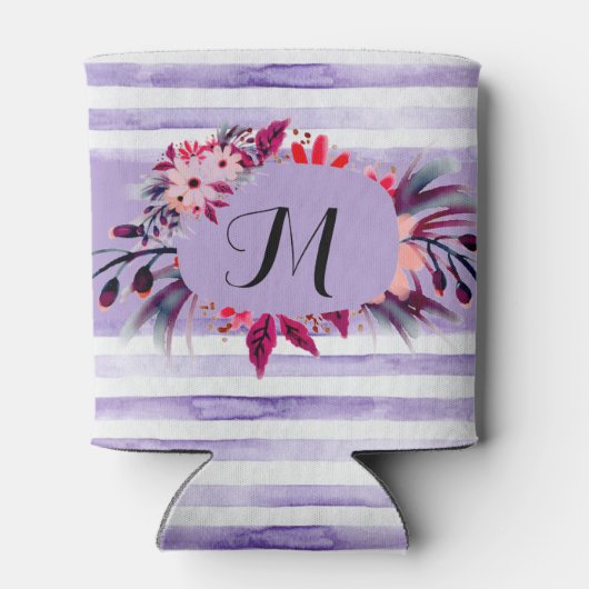 水彩ラベンダー パープル ストライプ 花柄フレーム 缶クーラー (裏面)