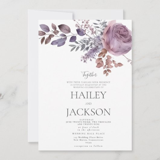 水彩ラベンダー パープル ピンク 花のウェディング 招待状 (正面)