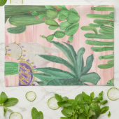 水彩ラマとサボテン模様。 キッチンタオル (折り畳み)