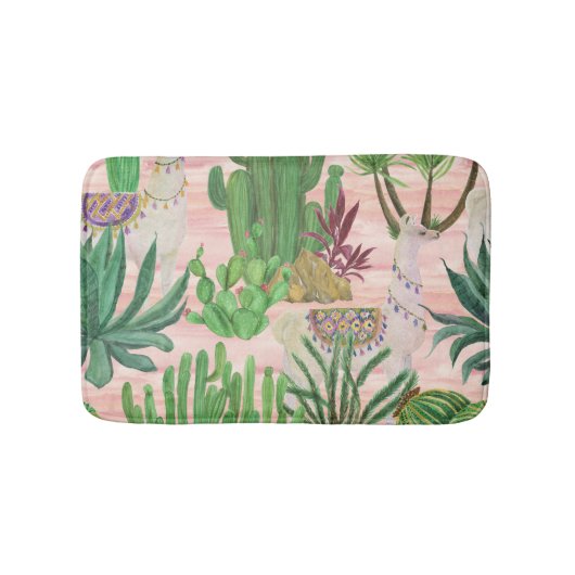 水彩ラマとサボテン模様。 バスマット (正面)