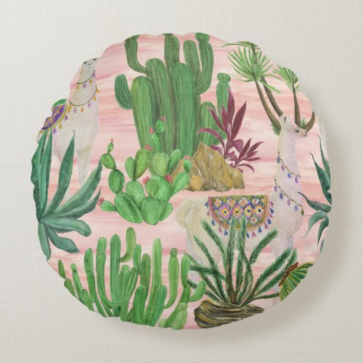 水彩ラマとサボテン模様。 ラウンドクッション (正面)