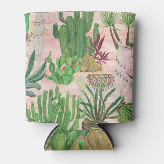 水彩ラマとサボテン模様。 缶クーラー (正面)