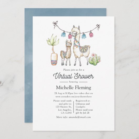 水彩ラマをテーマにしたバーチャルベビーシャワー 招待状 (正面/裏面)