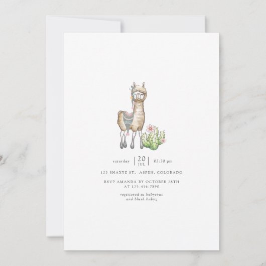 水彩ラマをテーマにしたベビーシャワー 招待状 (裏面)