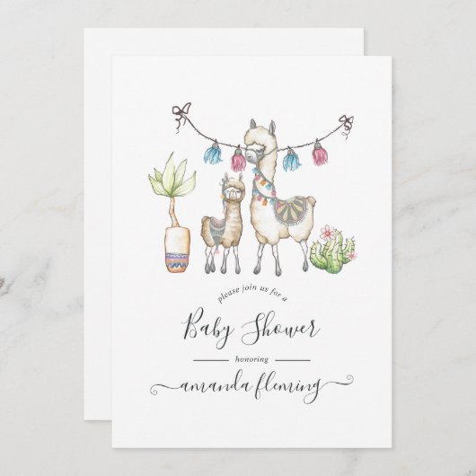 水彩ラマをテーマにしたベビーシャワー 招待状 (正面/裏面)