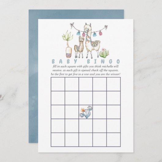 水彩ラマをテーマにした赤ちゃんシャワービンゴ 招待状 (正面/裏面)