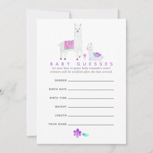 水彩ラマをテーマにした赤ちゃんシャワー推理ゲーム 招待状 (正面)