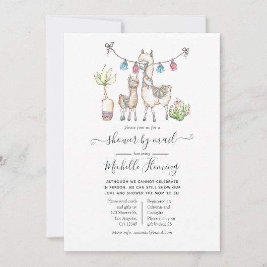 水彩ラマをテーマにした赤ちゃんシャワー（郵便） 招待状 (正面)
