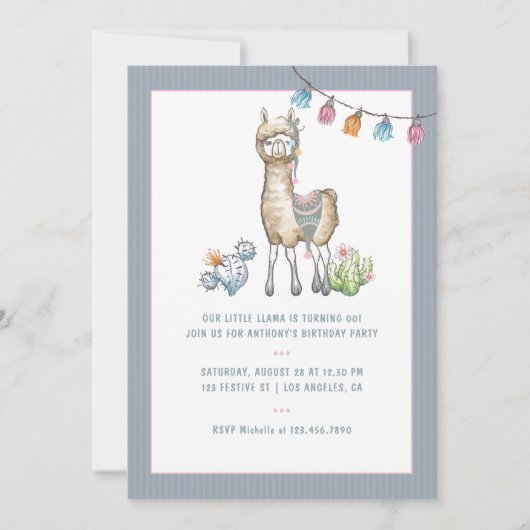 水彩ラマ子供の誕生日パーティー写真 招待状 (正面)
