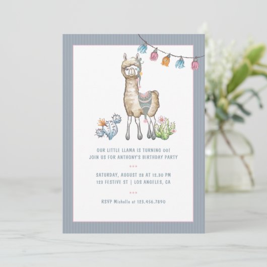 水彩ラマ子供の誕生日パーティー写真 招待状 (スタンド正面)