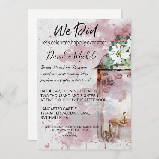 水彩ランタンと花の結婚式後パーティー 招待状 (正面/裏面)