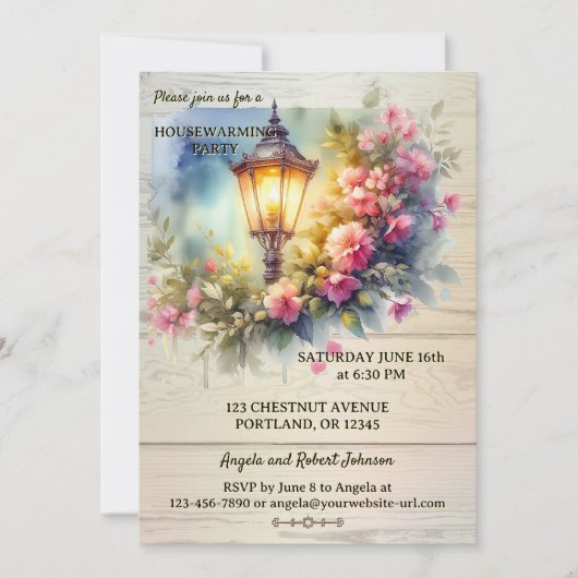 水彩ランタンフラワーフォト引っ越し祝いパーティー 招待状 (正面)
