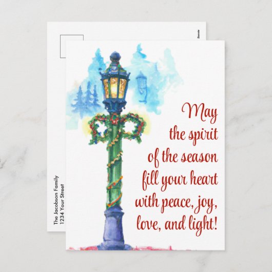水彩ランプポストフェスティバルクリスマス シーズンポストカード (正面/裏面)