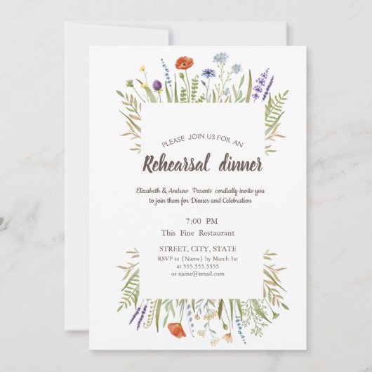 水彩リトルワイルドフラワー牧草地フレーム 招待状 (正面)