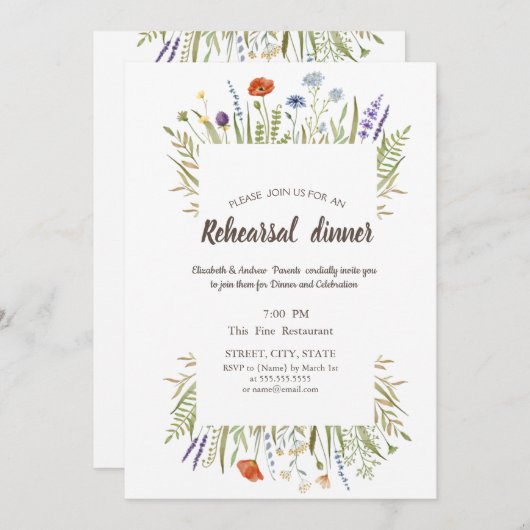 水彩リトルワイルドフラワー牧草地フレーム 招待状 (正面/裏面)