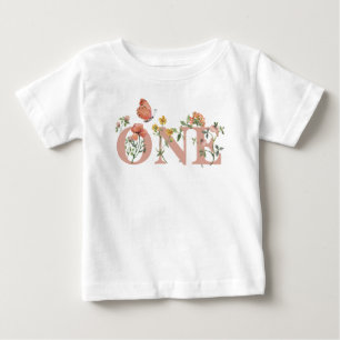 水彩リトルワイルドフラワー1歳の誕生日 ベビーTシャツ