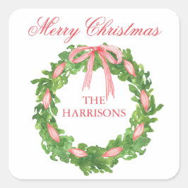水彩リボンストライプのリースクリスマス スクエアシール