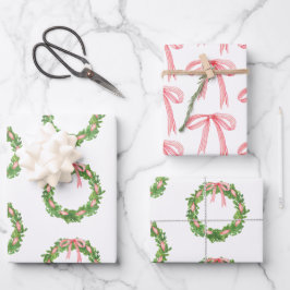 水彩リボンストライプのリースクリスマス ラッピングペーパーシート