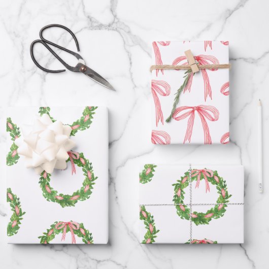 水彩リボンストライプのリースクリスマス ラッピングペーパーシート (正面)