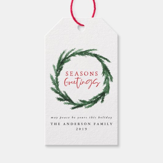 水彩リースとストライプクリスマス ギフトタグ (正面)