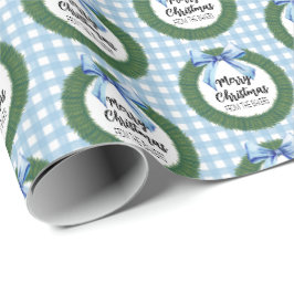 水彩リースとブルーボウクリスマス ラッピングペーパー