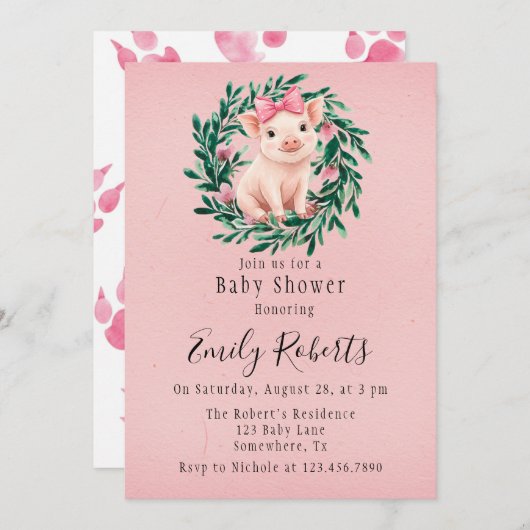 水彩リースと豚ガールベビーシャワー 招待状 (正面/裏面)