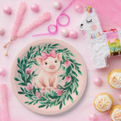 水彩リースと赤ちゃんピグガール赤ちゃんシャワー ペーパープレート (パーティー)