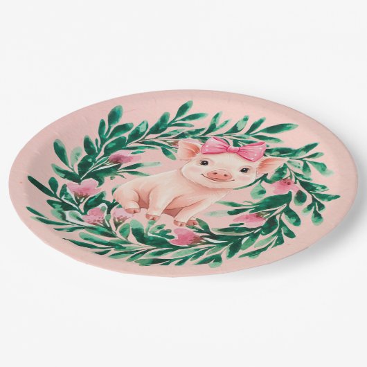 水彩リースと赤ちゃんピグガール赤ちゃんシャワー ペーパープレート (アングル)