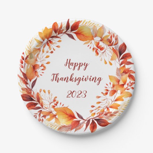 水彩リースのカラフル紅葉 ペーパープレート (正面)