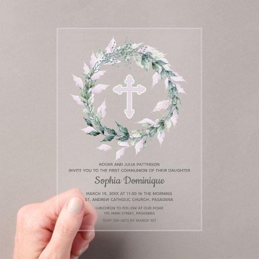 水彩リースピンククロスファースト聖餐式 アクリル招待状 (インサイチュ (ポータブル))