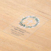 水彩リースピンククロスファースト聖餐式 アクリル招待状 (レイダウン)