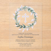 水彩リースピンククロスファースト聖餐式 アクリル招待状 (正面)