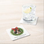 水彩リースフォトクリスモダンマス スクエアペーパーコースター<br><div class="desc">クリスマスモダン紙のコースターシンプルはミニマル、水の色のリースの中にあなたの写真とデザインを搭載しお気に入りの、編集可能なグリーティング「メリークリスマス」とあなたの家族の名前。</div>