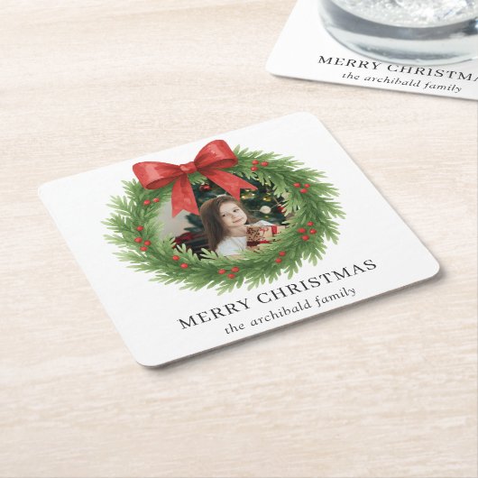 水彩リースフォトクリスモダンマス スクエアペーパーコースター (アングル)