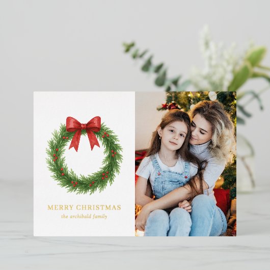 水彩リースフォトクリスモダンマス 箔シーズンカード (立ち正面)