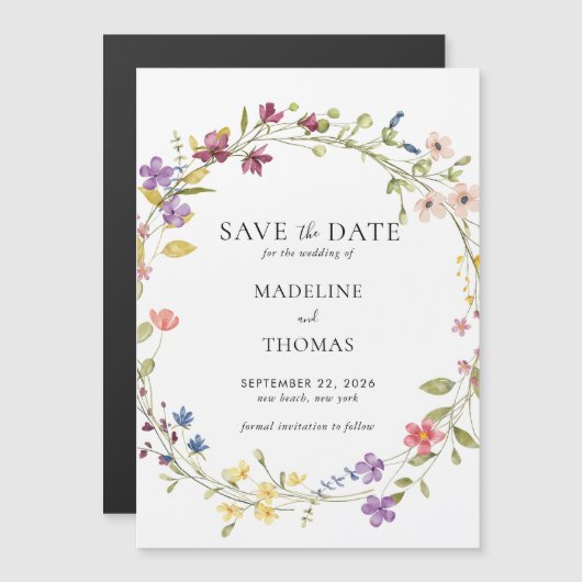 水彩リースフローラ結婚式の日付を保存 マグネット招待状 (正面/裏面)
