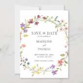 水彩リースフローラ結婚式の日付を保存 マグネット招待状 (正面)