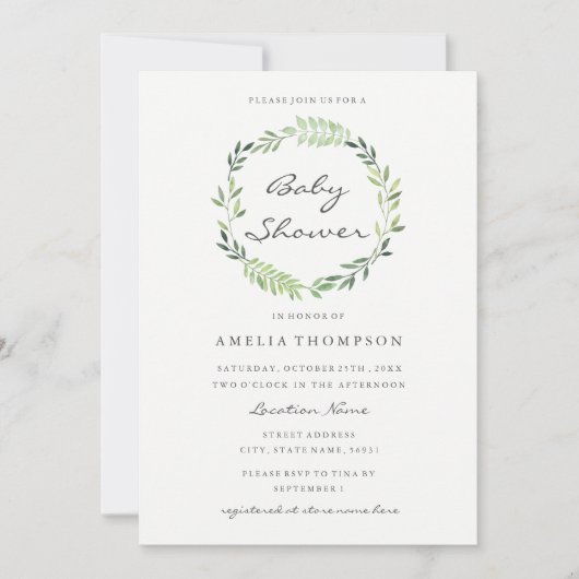 水彩リースベビーシャワー招待状 招待状 (正面)