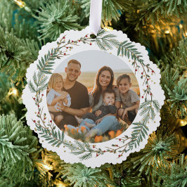 水彩リースホリーベリーと緑葉の オーナメントカード