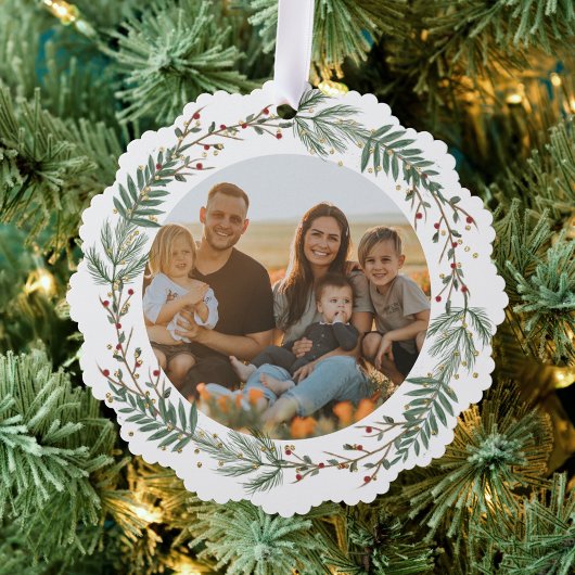 水彩リースホリーベリーと緑葉の オーナメントカード