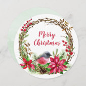 水彩リースポインセチア&バードクリスマス シーズンカード (正面/裏面)
