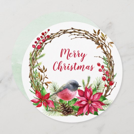 水彩リースポインセチア&バードクリスマス シーズンカード (正面/裏面)