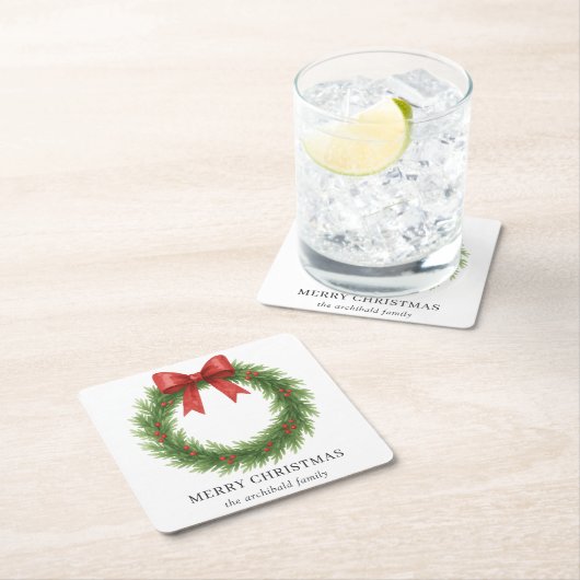 水彩リースモダンクリスマス スクエアペーパーコースター (インサイチュ)